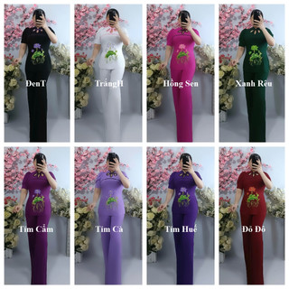 Bộ Sẩm Thêu Sen Cổ 3 Giọt Ống Rộng