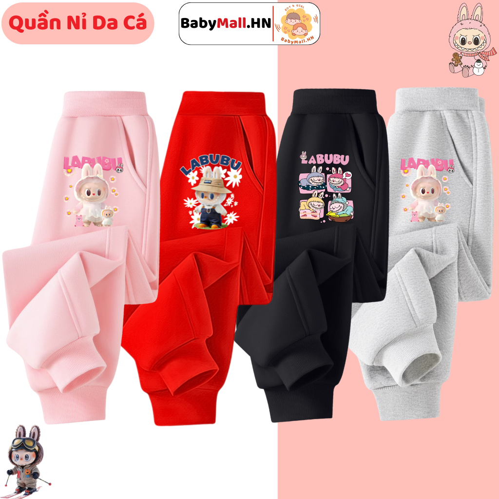 Quần Dài Nỉ Thu Đông Labubu Cho Bé Gái LABUBU BABYMALL Quần Cạp Chun Bo Gấu Chất Nỉ Da Cá Mềm Ấm