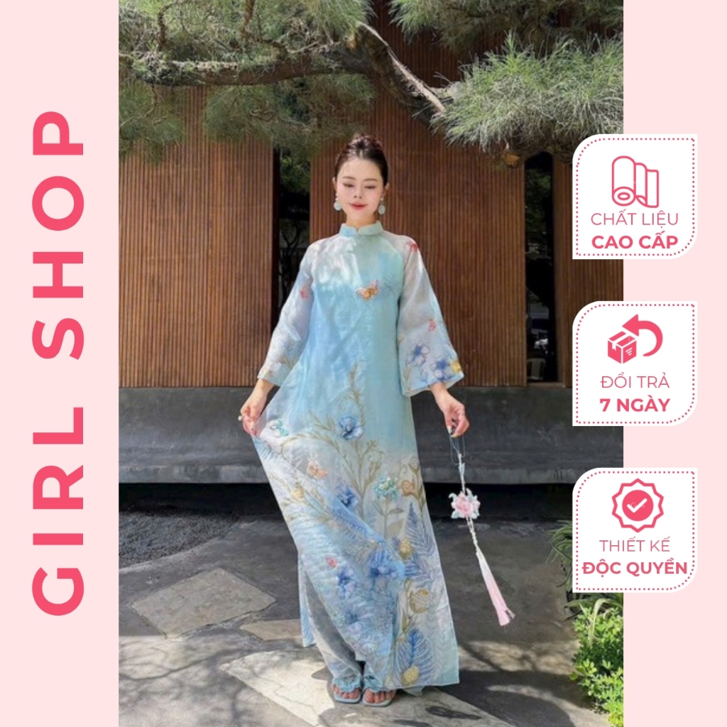 Áo Dài Thanh Lam Thiết Kế Cao Cấp Dáng Suông 4 Tà Cổ Cao Sang Trọng Thanh Lịch GIRLSHOP