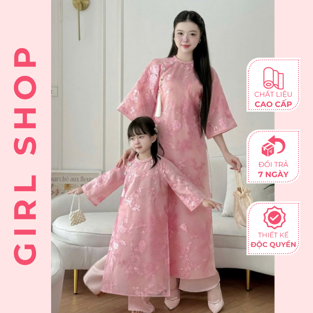 Set Áo Dài Mẹ Và Bé Tơ Hoa Thiết Kế Cao Cấp Dáng Suông 4 Tà Cổ Cao Sang Trọng Thanh Lịch GIRLSHOP