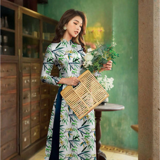 🌿 Tây Đô - Vải May Áo Dài Lụa Hồng Anh In 3D Hoạ Tiết Lá Tre Thanh Nhã, Sang Trọng 🌿