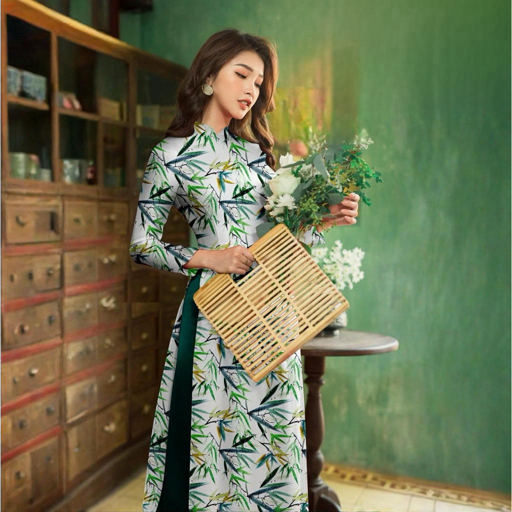 🌿 Tây Đô - Vải May Áo Dài Lụa Hồng Anh In 3D Hoạ Tiết Lá Tre Thanh Nhã, Sang Trọng 🌿