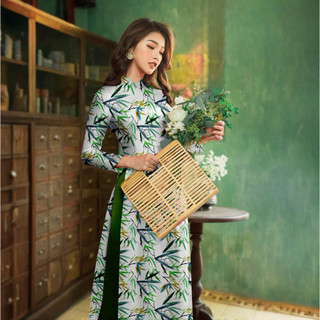 🌿 Tây Đô - Vải May Áo Dài Lụa Hồng Anh In 3D Hoạ Tiết Lá Tre Thanh Nhã, Sang Trọng 🌿