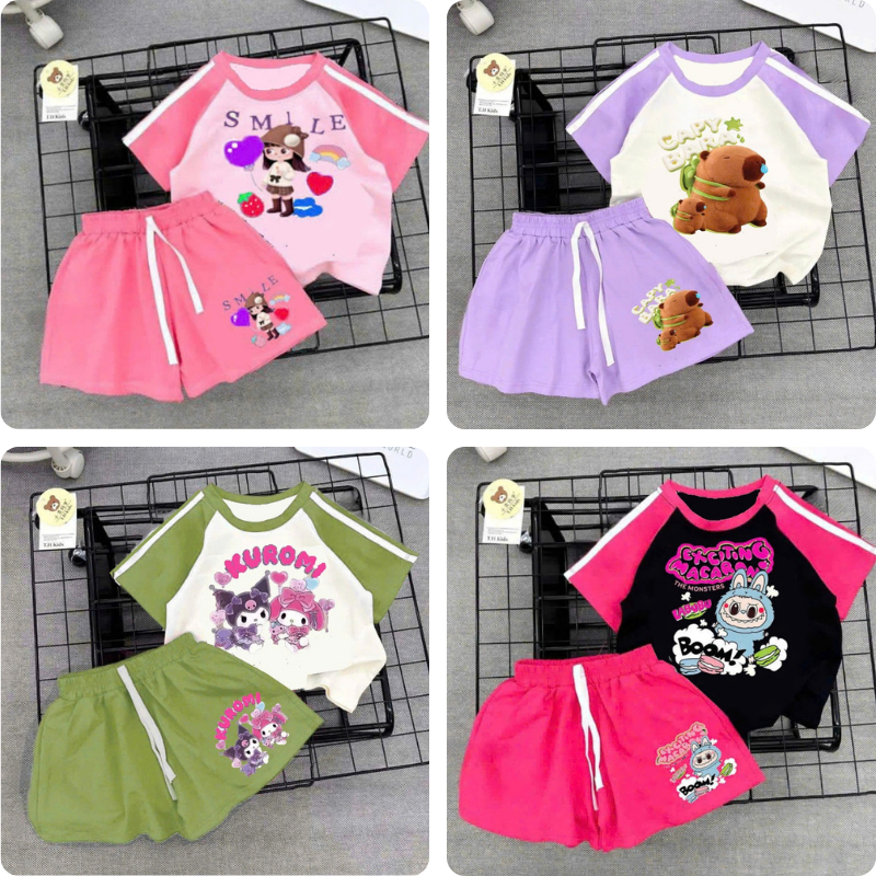 Combo 4 Bộ Đồ Bé Gái Hình Kuromi Labubu Phối Kẻ Tay Quần Cộc Đủ Size 10-55kg Logo 5D