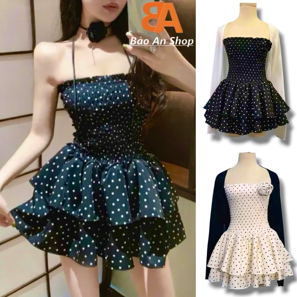 Đ-77. Đầm ống Kèm BÔNG nhún thun 2 tầng có quần Trong hoạ tiết chấm bi