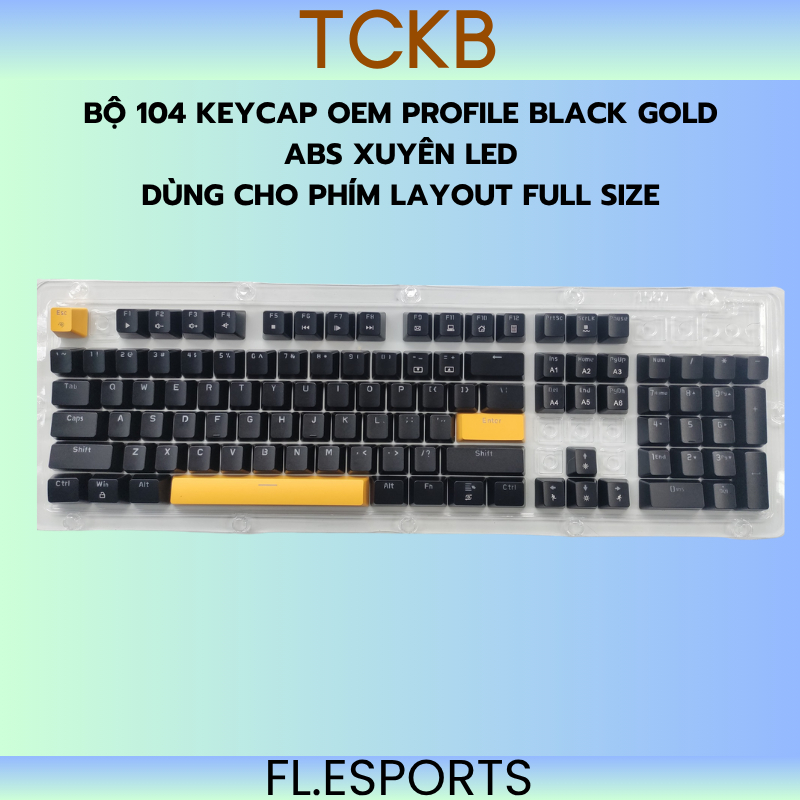 Bộ 104 keycap OEM Profile xuyên led màu đen - vàng, ABS, layout ANSI dành cho phím layout full size