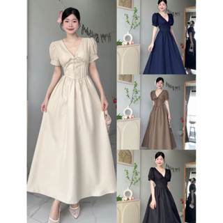   BÈO BÉO BIGSIZE   VÁY THIẾT KẾ CỔ V ĐÍNH NƠ TIỂU THƯ TAY BỒNG THẮT EO DÁNG XOÈ MAXI FORM BIGSIZE 60-90KG 