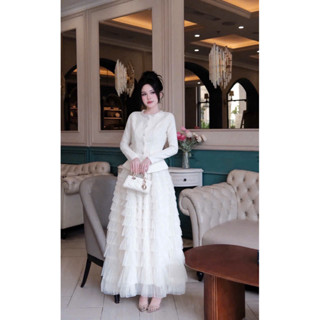  Sét Áo Dạ Đính Cổ Đá Phối Chân Váy Tầng Xoè Phong Cách Tiểu Thư Sang Trọng Đi Tiệc Đi Cưới Đều Xinh 