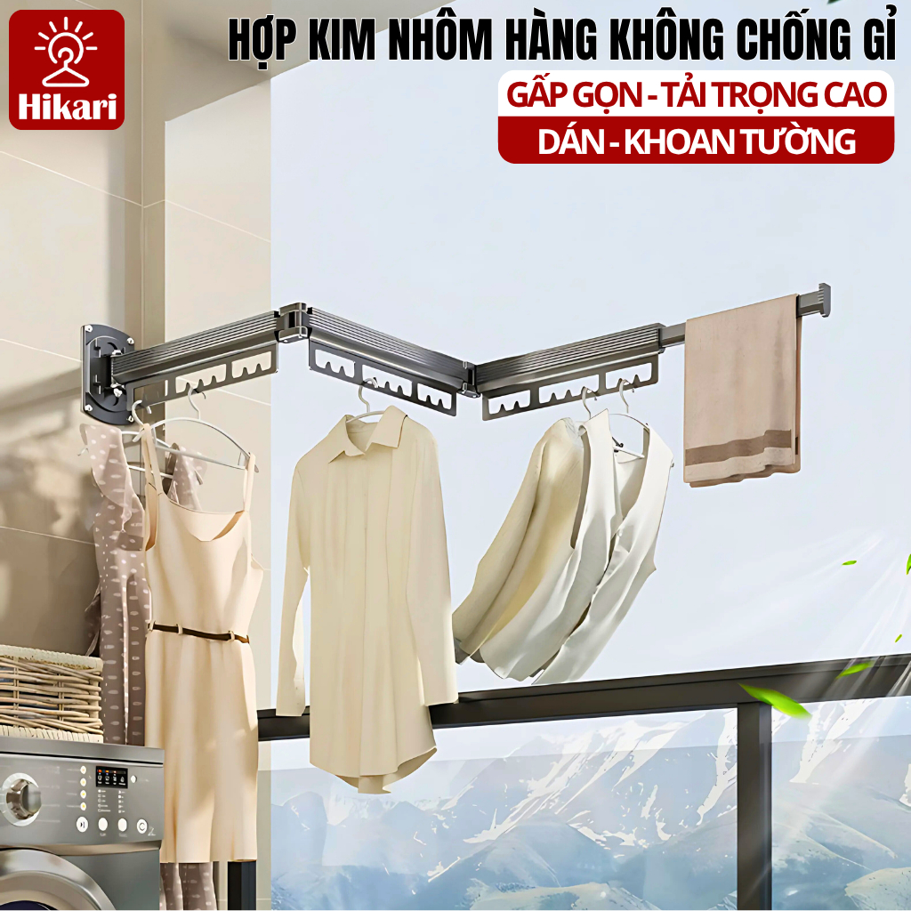 Giàn Phơi/Giá Phơi Quần Áo Gấp Gọn Thông Minh HIKARI | Nhôm Hàng Không Chống Gỉ, Không Khoan Đục, Chịu Tải Cao (EA-09)