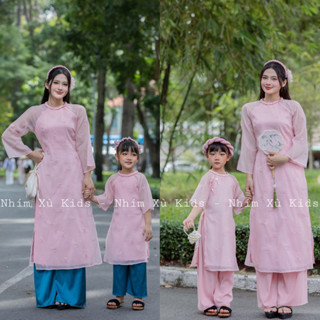   4-64kg  Áo Dài Cách Tân Nơ Hồng Mẹ Và Bé Gái NHÍM XÙ KIDS Cho Bé Gái 1 Tuổi Đến 8 Tuổi Chất Tơ Thêu AD150 