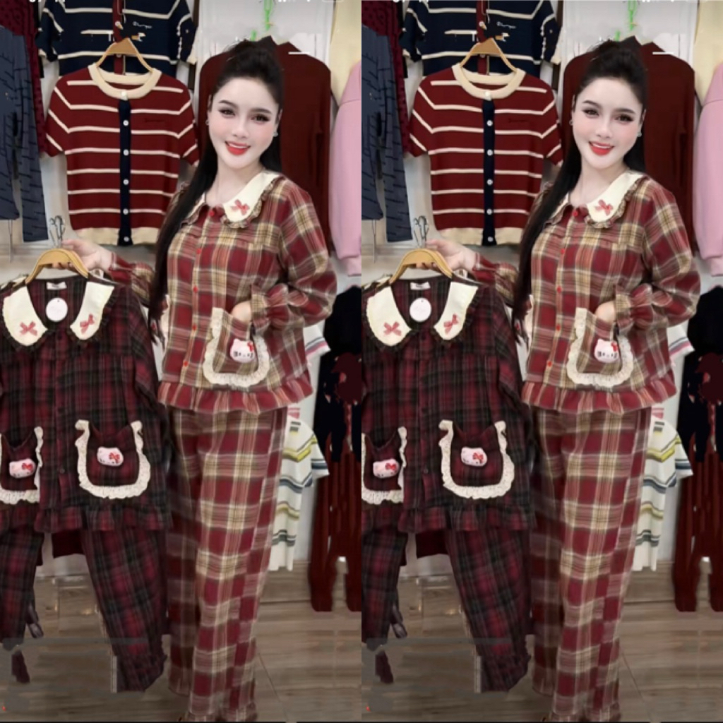 Set Bộ Pijama Nữ , Set Bộ Ngủ Kẻ Dạ Cổ Phối Q300