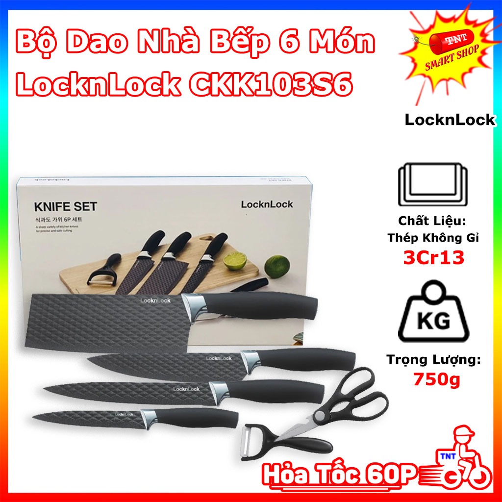 Bộ Dao Nhà Bếp 6 Món LocknLock CKK103S6 Phần Tiếp Xúc Với Lưỡi Dao Bằng Thép Không Dỉ, Phần Tay Cầm 