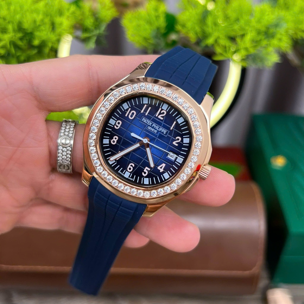 Đồng hồ Nam PT Aqua máy cơ Automatic mẫu xanh viền vàng dây cao su size 41mm-42mm