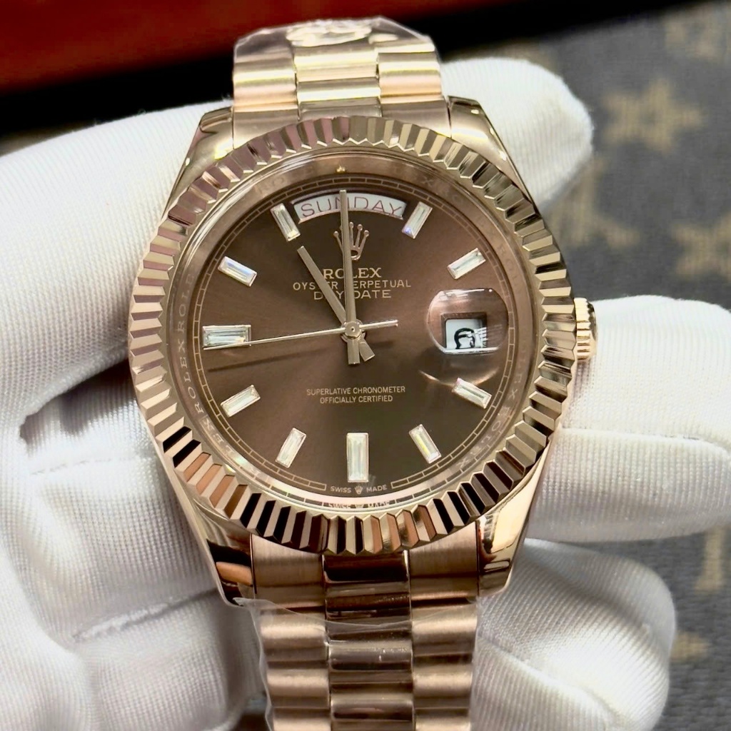 Đồng hồ nam Rollex mẫu máy cơ Automatic 2 lịch nâu cafe size 40mm