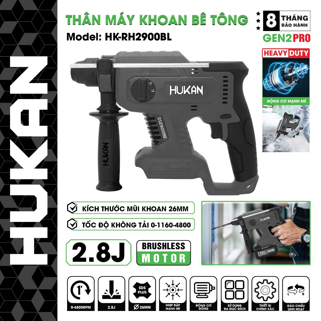 Thân máy khoan bê tông 3 chức năng Hukan RH2900BL - Antikickback - Chân pin Phổ thông