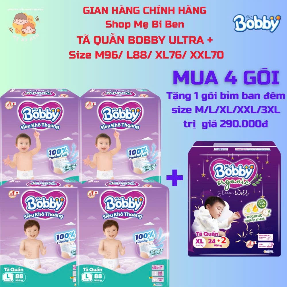 [MUA 4 TẶNG 1 BỈM ĐÊM] Tã bỉm quần Bobby Ultra+ Siêu Khô Thoáng M96 /L88 /XL74 /XXL68 /XXXL29+4 miến