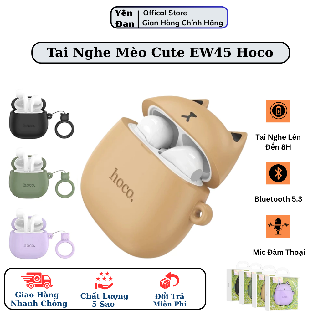 Tai nghe bluetooth Hoco EW45, tai nghe mèo cute có mic đàm thoại, bluetooth 5.3 pin dùng liên tục 4h