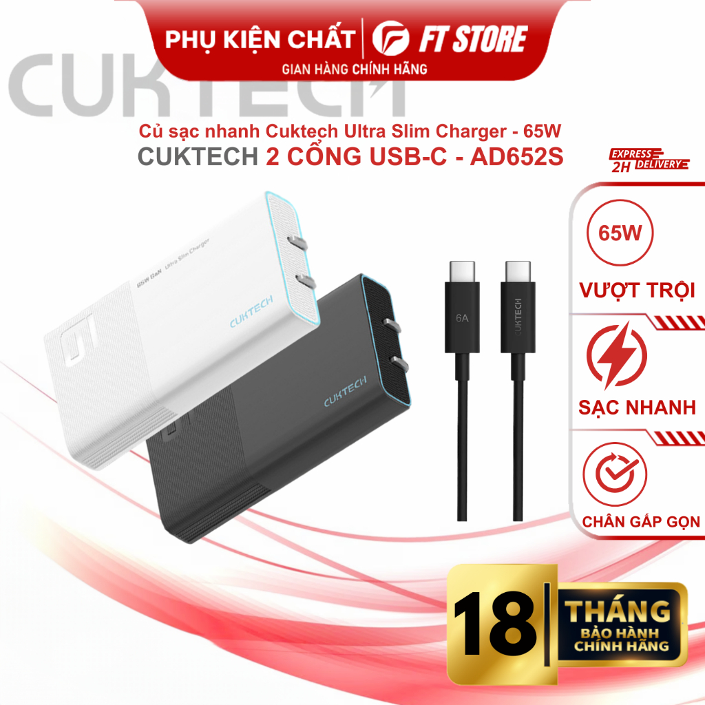 Củ sạc nhanh CUKTECH 65W - AD652S 2 Cổng C Ultra Slim PD3.0/PPS2.0/QC4.0/MiTurbo, Chân cắm gấp gọn