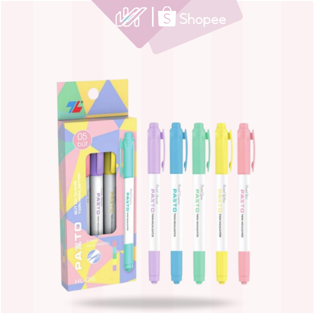 Hộp combo 5 Bút dạ quang 2 đầu màu Pastel Thiên Long Pazto HL-016 - Bút màu highlight không lem chữ.