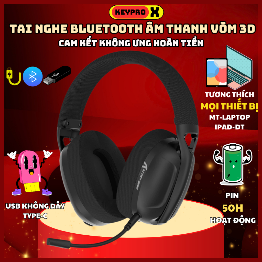 Tai Nghe Bluetooth Chụp Tai Không Dây Headphone Attack Shark L80 Âm Bass 3D Chơi Game Giải Trí - BH 