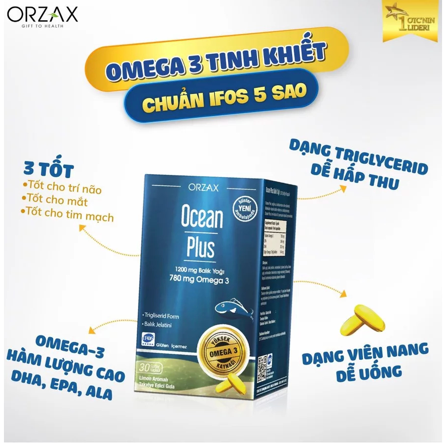 Ocean Plus Omega-3 Tinh Khiết Đậm Đặc ORZAX Nhập Khẩu Châu Âu Giúp Hỗ Trợ Não Bộ, Mắt, Tim Mạch 30 V