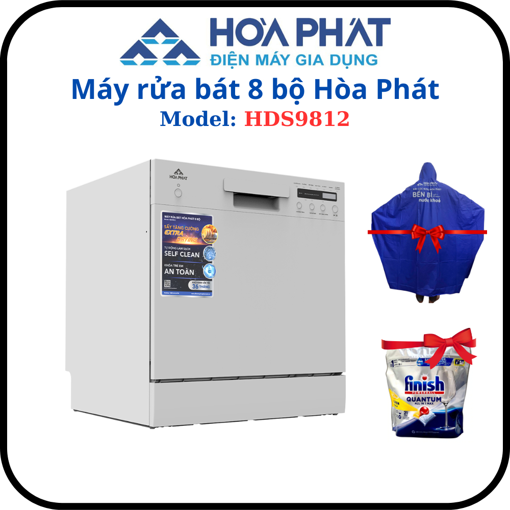 Máy rửa bát Hòa Phát 8 bộ HDS9812 - Hàng chính hãng - Tặng kèm viên rửa bát - Bảo hành 3 năm
