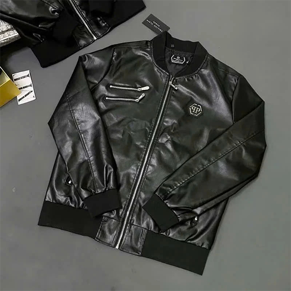 Mã Đẹp Sịn-Áo Khoác Da Bomber Jacket Nam Philipp Plein Thêu Logo Sắt Ngực Phối Bo Ống Hàng Quảng Châ