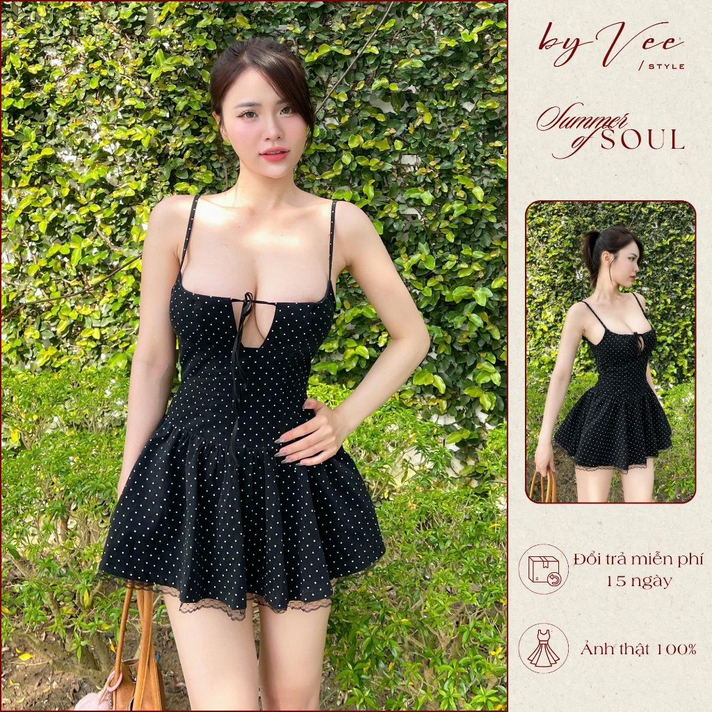 [Form ôm] Đầm kaki bi đen Ratih Dress -Byvee, Đầm chấm bi có lót mút khoét ngực siêu xinh đi chơi | BigBuy360 - bigbuy360.vn