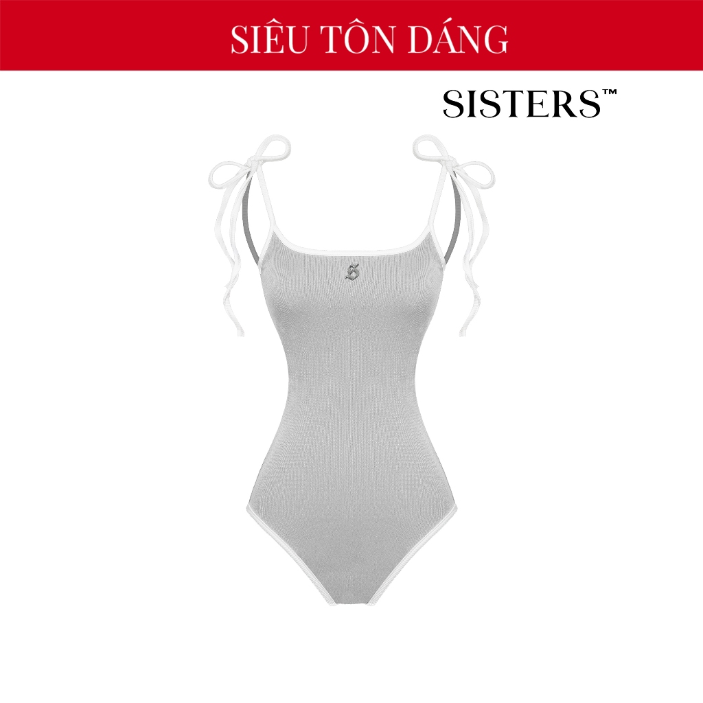 Áo bodysuite nữ hở lưng sexy SISTERS thiết kế 2 dây phối viền ôm sát tôn dáng xám viền trắng Joella 