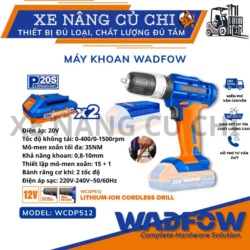 Máy khoan pin cầm tay 20V WADFOW WCDP511 2 pin 1.5Ah, lực xoắn 35Nm, 2 tốc độ cơ Xe Nâng Củ Chi