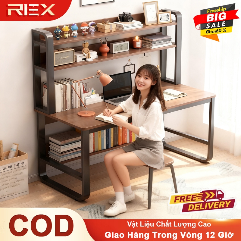 REX Bàn làm việc kệ sách Bàn học bàn làm việc tại nhà 2 tầng kệ lửng bàn chân sắt sơn tĩnh điện mặt 