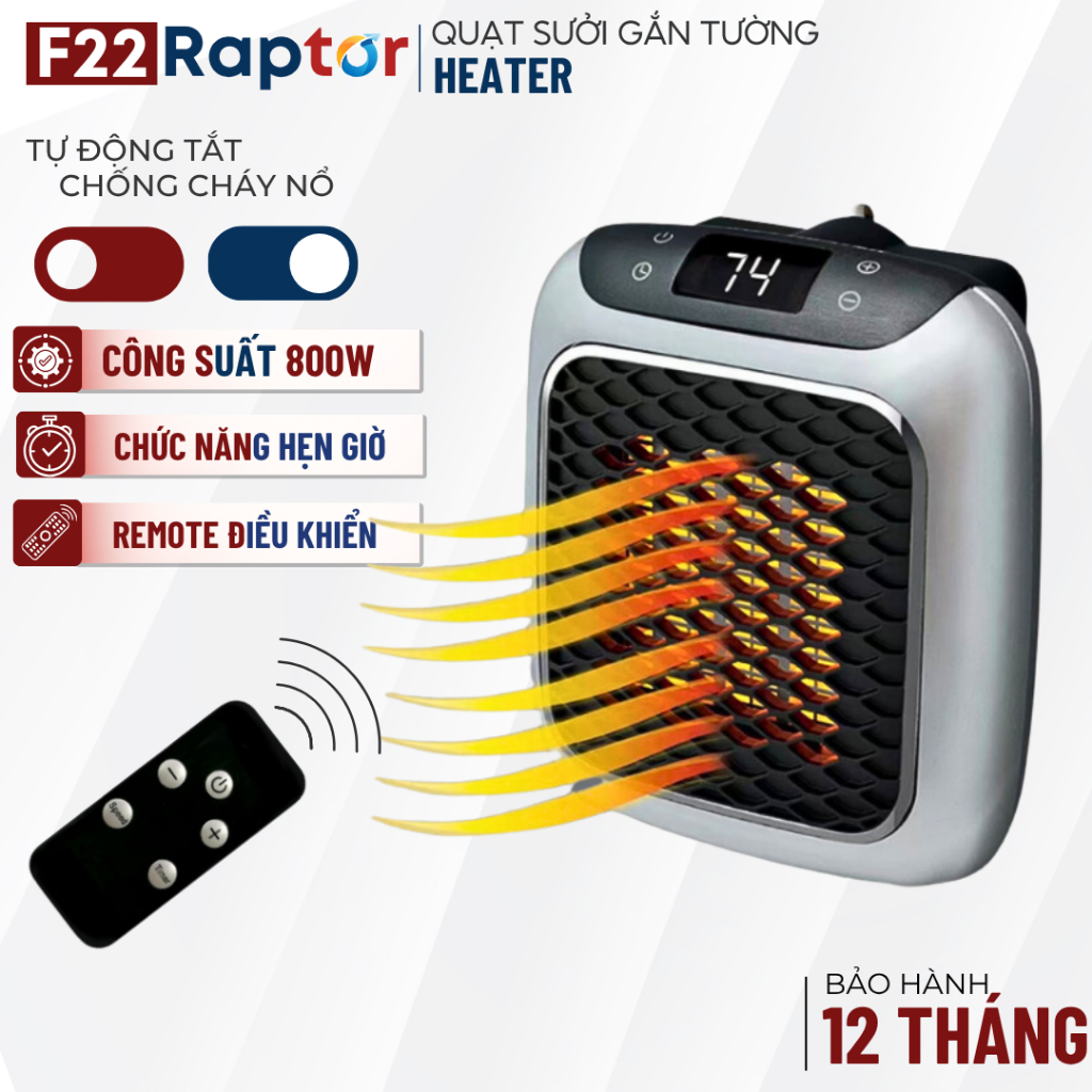Quạt Sưởi Mini Treo Tường Công Suất 800W Kèm Remote Điều Khiển Từ Xa, Máy Sưởi ấm Mini heater gắn tường