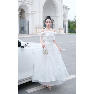  ĐẦM DẠ HỘI MIDI Trễ Vai Voan Lưới Đính Hoa 3D - Váy Xòe Công Chúa Sang Trọng |D93 