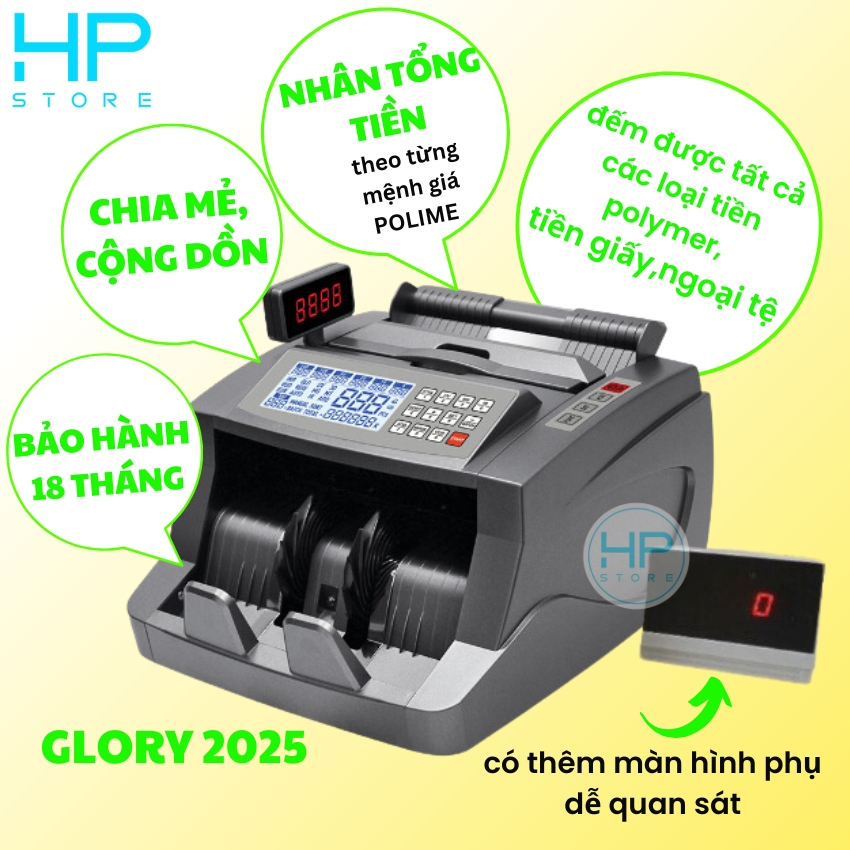 Máy đếm tiền cao cấp có chức năng nhân tống theo từng mệnh giá polime, chia mẻ, cộng dồn (GLORY 2025)