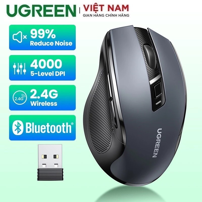 Chuột không dây + Bluetooth 5.0 chính hãng Ugreen 90855 MU006 cao cấp 2.4Ghz Silent Click dùng cho m