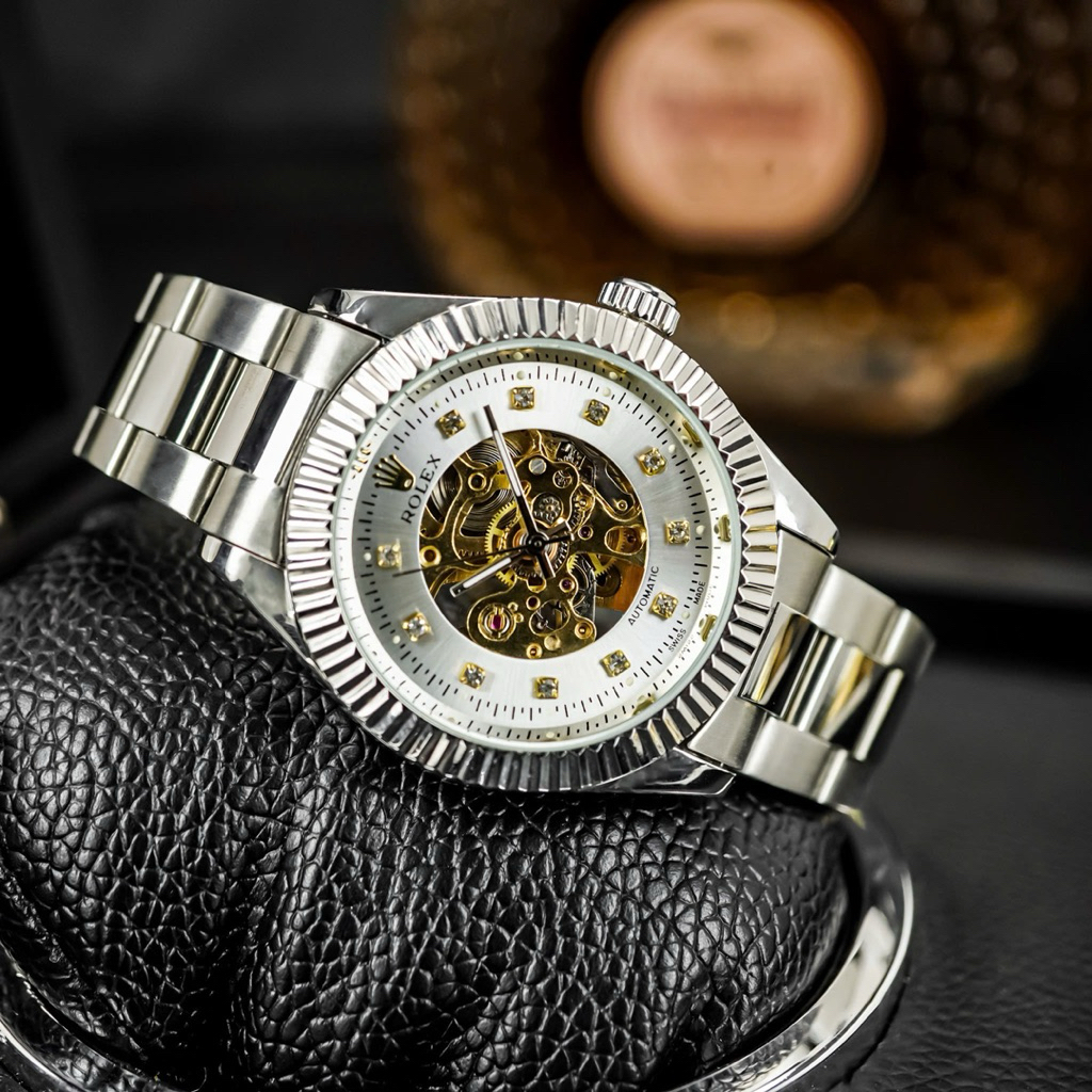 Đồng Hồ Nam Rolex Cơ CR12 Mặt Lộ Cơ Số Đính Đá