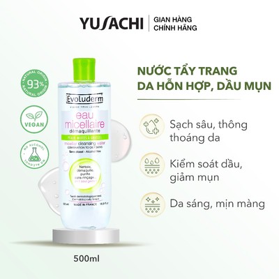 Nước tẩy trang da dầu mụn , da nhạy cảm , da khô , Vitamin C , Evoluderm hỗ trợ giảm mụn, sáng da, dưỡng ẩm 500ml