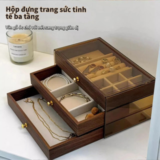  Hộp đựng trang Nhiều tầng sức vân gỗ óc chó chất lượng cao có nắp hộp đựng vòng cổ vòng tay 