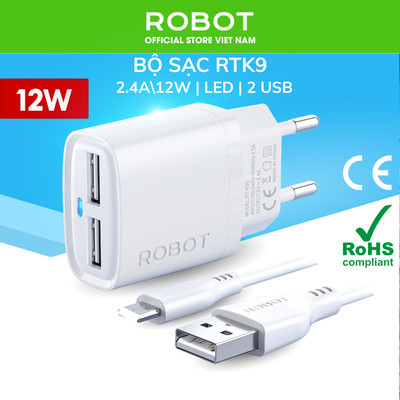 Cốc Sạc ROBOT RT-K9S/ RT-K9SC - 2 Cổng Sạc Ra Sạc USB Tặng Kèm Cáp Micro/ Type-C Dài 1m