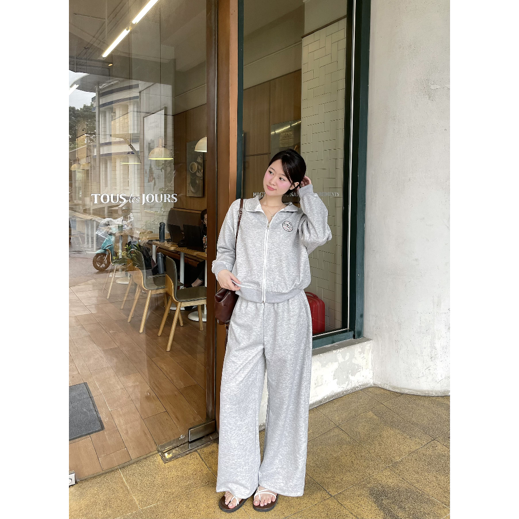 Set nỉ 2 da áo khoác có khóa kéo dáng rộng oversize qua eo kèm quần cạp chun ống rộng suông Clo31 | BigBuy360 - bigbuy360.vn