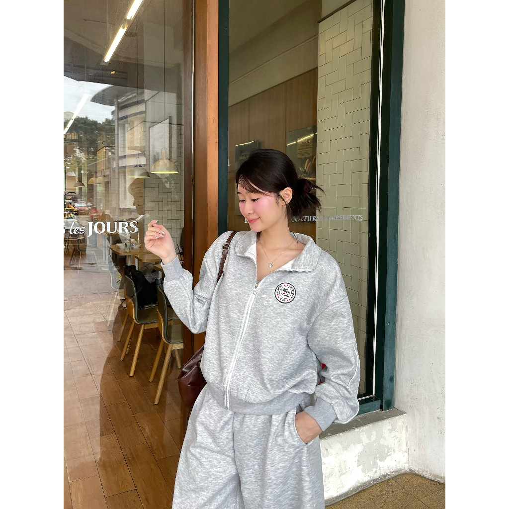 Set nỉ 2 da áo khoác có khóa kéo dáng rộng oversize qua eo kèm quần cạp chun ống rộng suông Clo31 | BigBuy360 - bigbuy360.vn