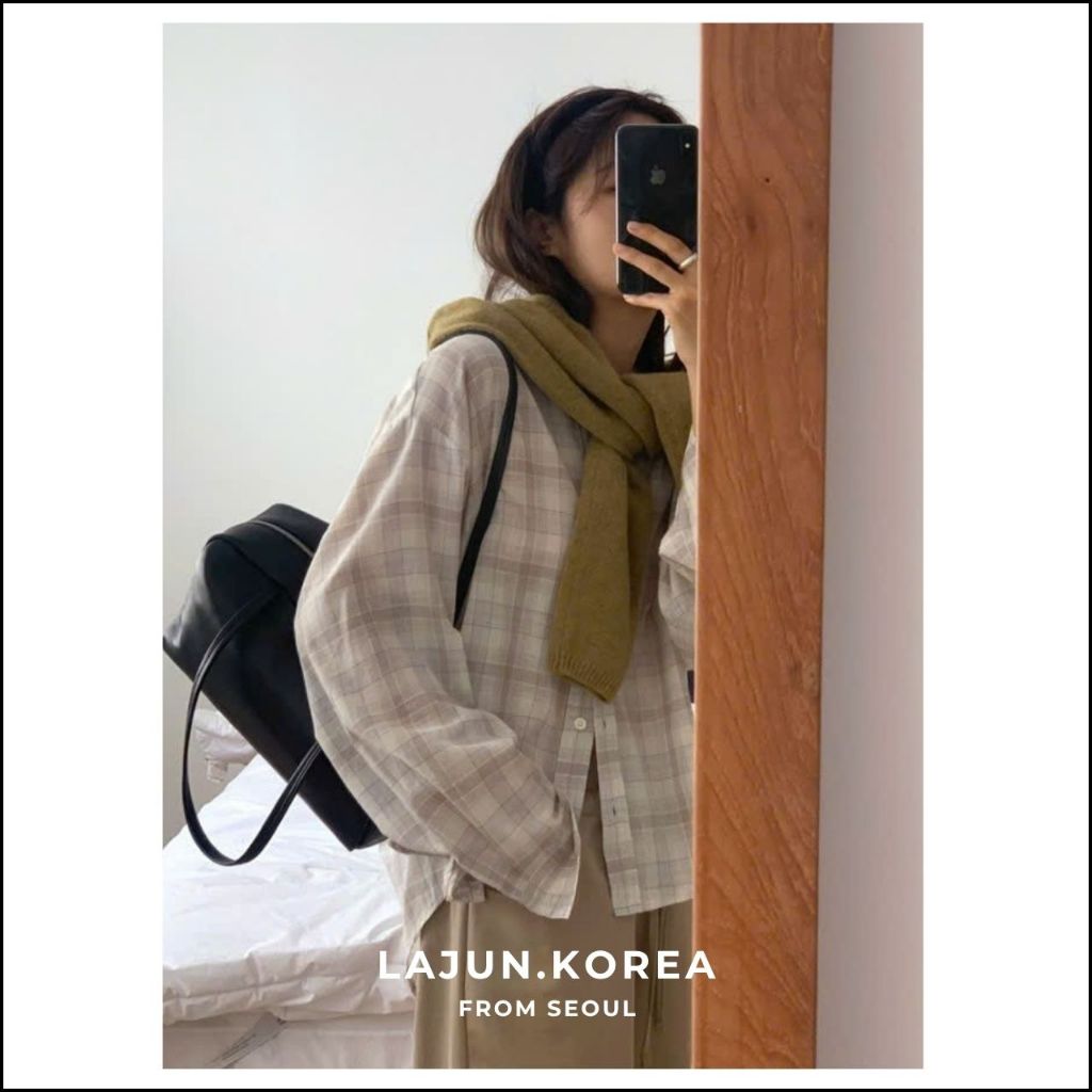 [LAJUN KOREA] Áo Sơ Mi Beige Tay Dài Kẻ Caro Form Suông Oversize Hàn Quốc