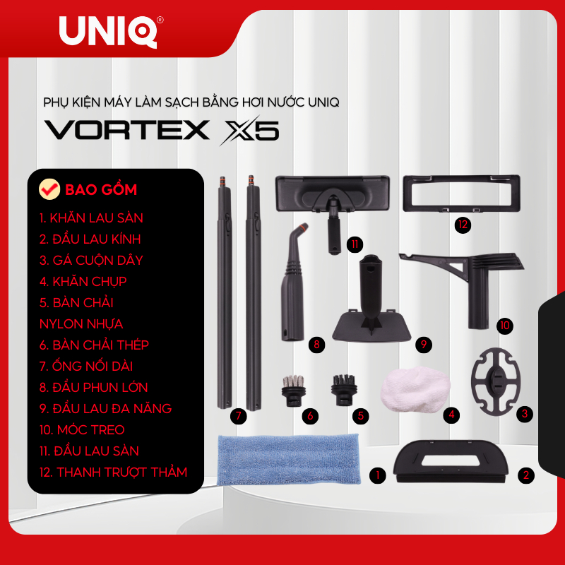 Phụ kiện máy vệ sinh hơi nước nóng UNIQ Vortex X5 2000W 1.5L xịt rửa lau nhà đa năng khử trùng diệt 