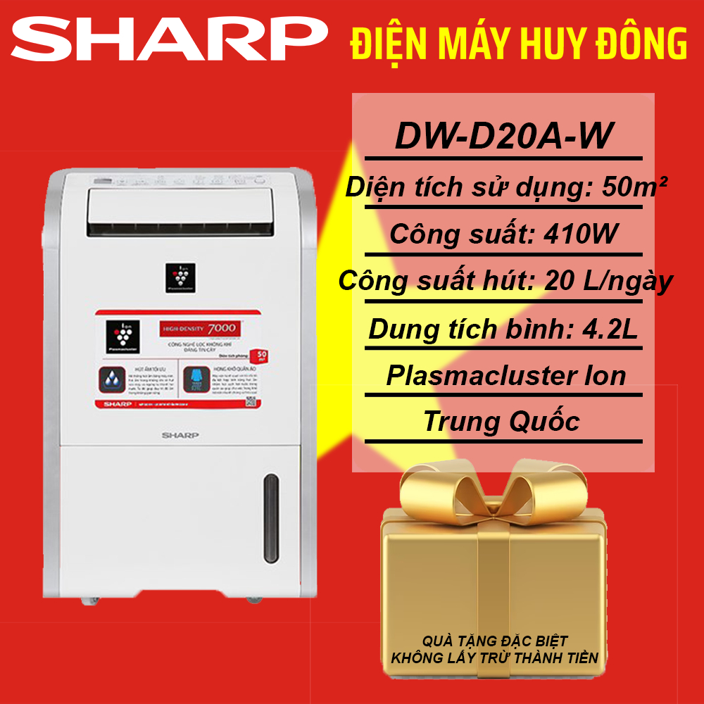 Máy hút ẩm Sharp DW-D20A-W, Trắng, Dung lượng 20L/ngày, Diện tích 50m²