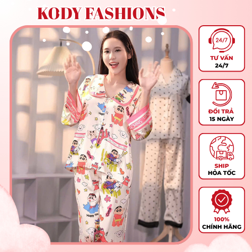 Bộ Pijama Nữ K02 KODY Fashions, Pijama Nữ Họa Tiết Hoạt Hình Shin Dài Tay Vải Nhẹ Thoáng Mát