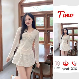  Áo nữ ren dài tay cổ V phối voan nhún ngực dáng ôm tôn dáng mặc đẹp 4 mùa AOT084 