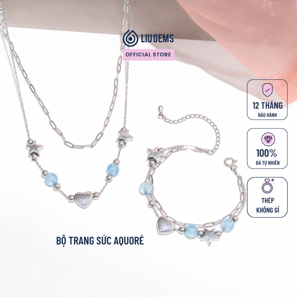 Bộ Trang Sức Thép Không Gỉ Liugems Aquoré Vòng Tay Dây Chuyền Mix Đá Tự Nhiên Cá Tính BVT01