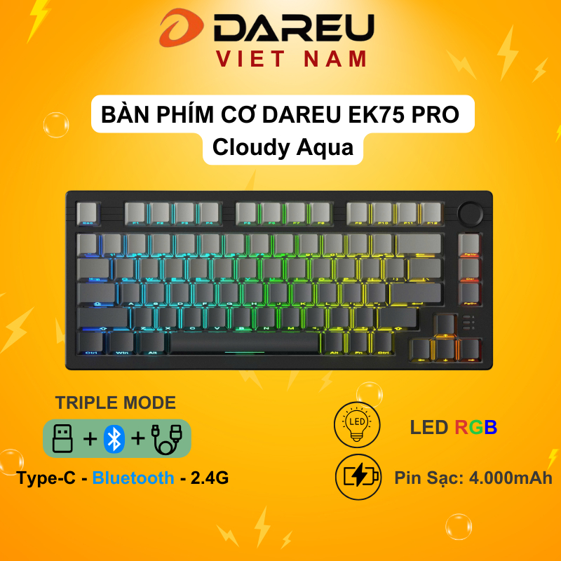Bàn phím cơ DAREU EK75 PRO Cloudy Aqua (Triple Mode ,Hotswap, RGB,Keycaps Cherry profile) | BigBuy360 - bigbuy360.vn