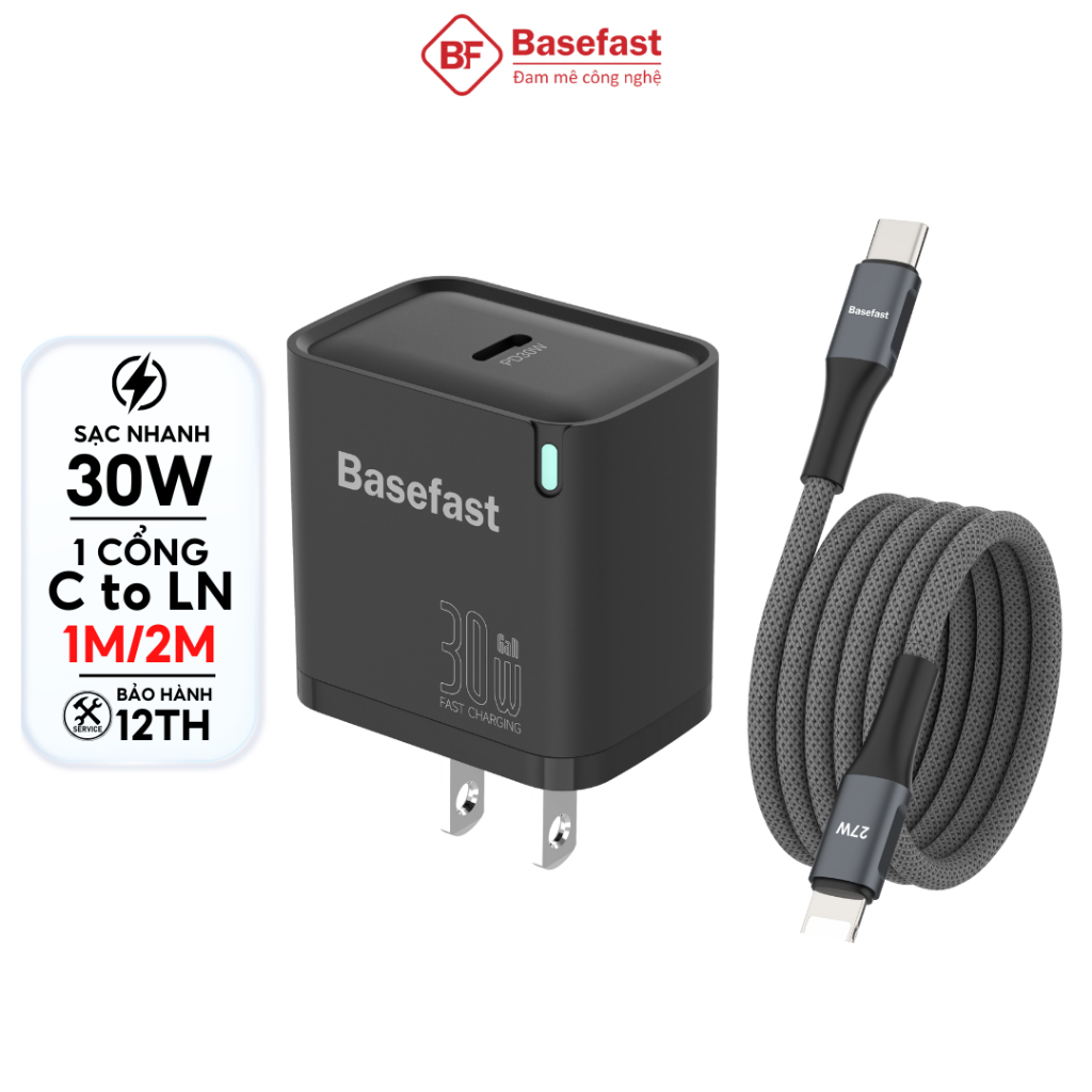 Combo bộ sạc nhanh 30W Basefast Củ sạc 1 cổng dây C to LN 1m 2m siêu bền cho Phone xsm 11 12 13 14