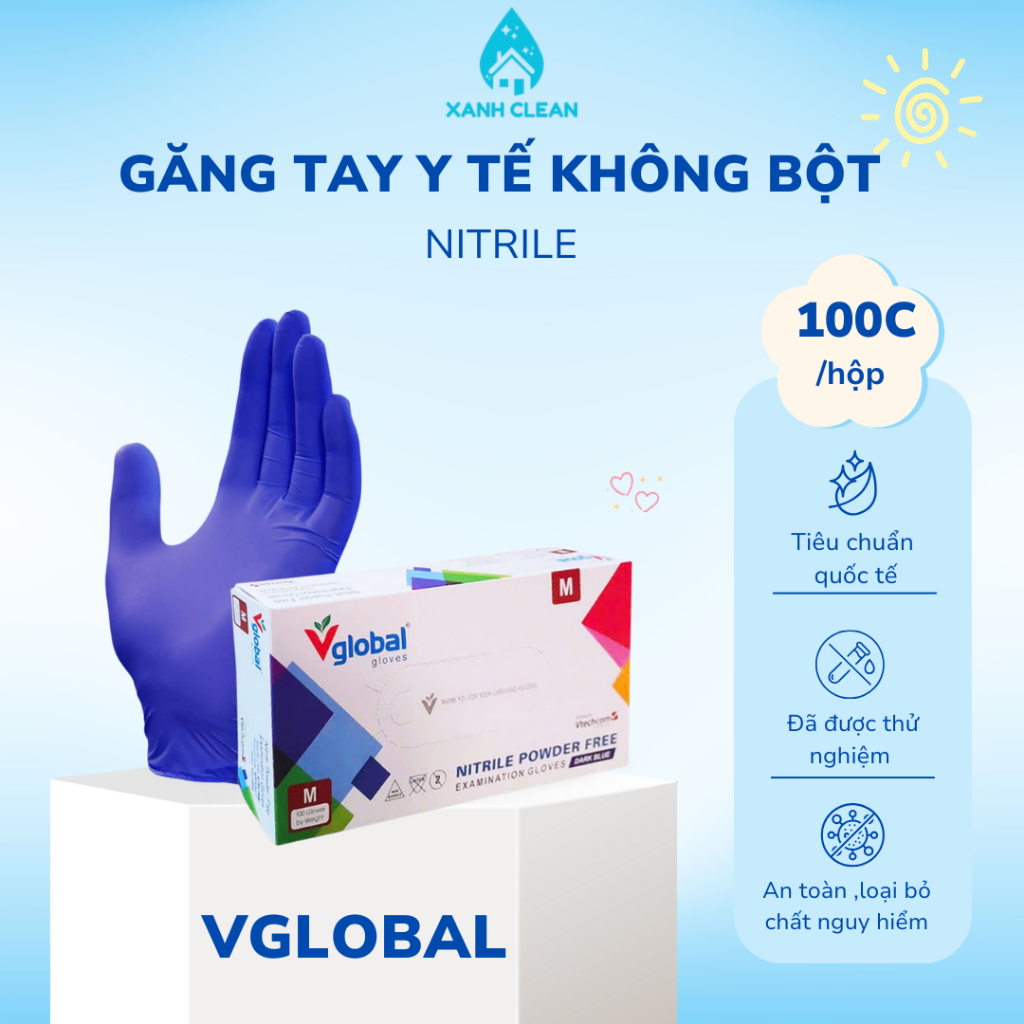 Găng tay không bột Nitrile Vglobal gloves hộp 100 cái - Sản phẩm cao cấp nhập khẩu Malaysia